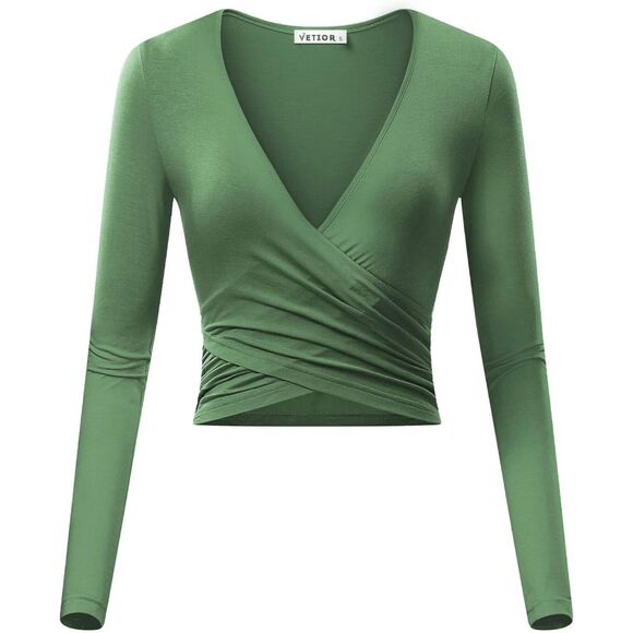 Vetior Women's Size XL Moss Green Long Sleeve Wrap Style Modal Skimming Blouse - Picture 4 of 6